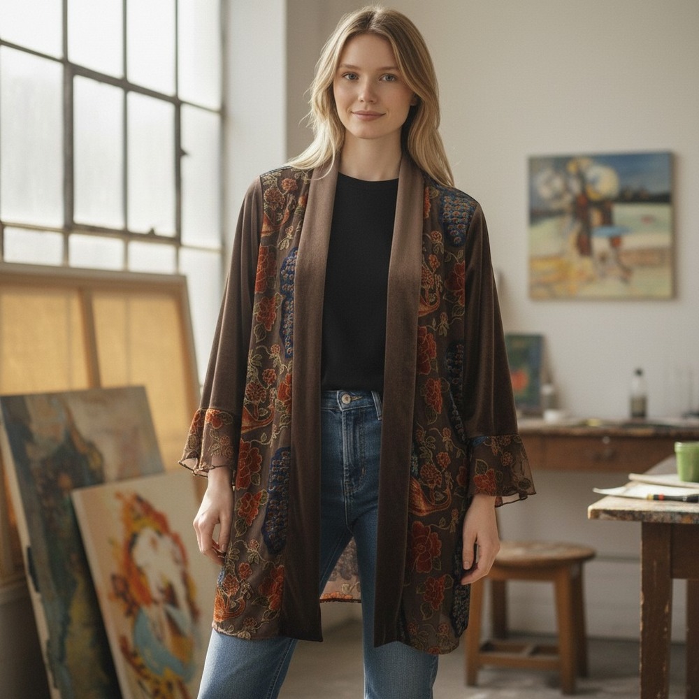 Multiples Brown Velvet Burnout Peacock Floral Open Front Kimono Cardigan L